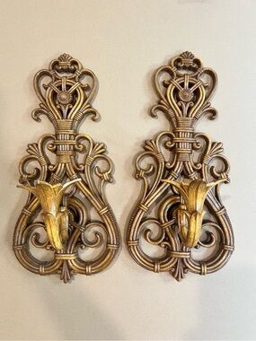 Vintage Hollywood Regency Gold Wall Candle Sconces Pair Ornate Syroco Style